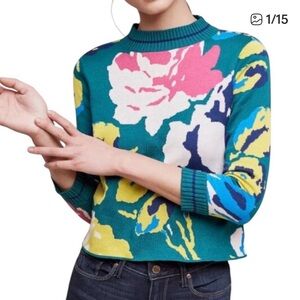Anthropologie HWR Crop Mock Neck 3/4 Sleeve Multi Color Sweater XS